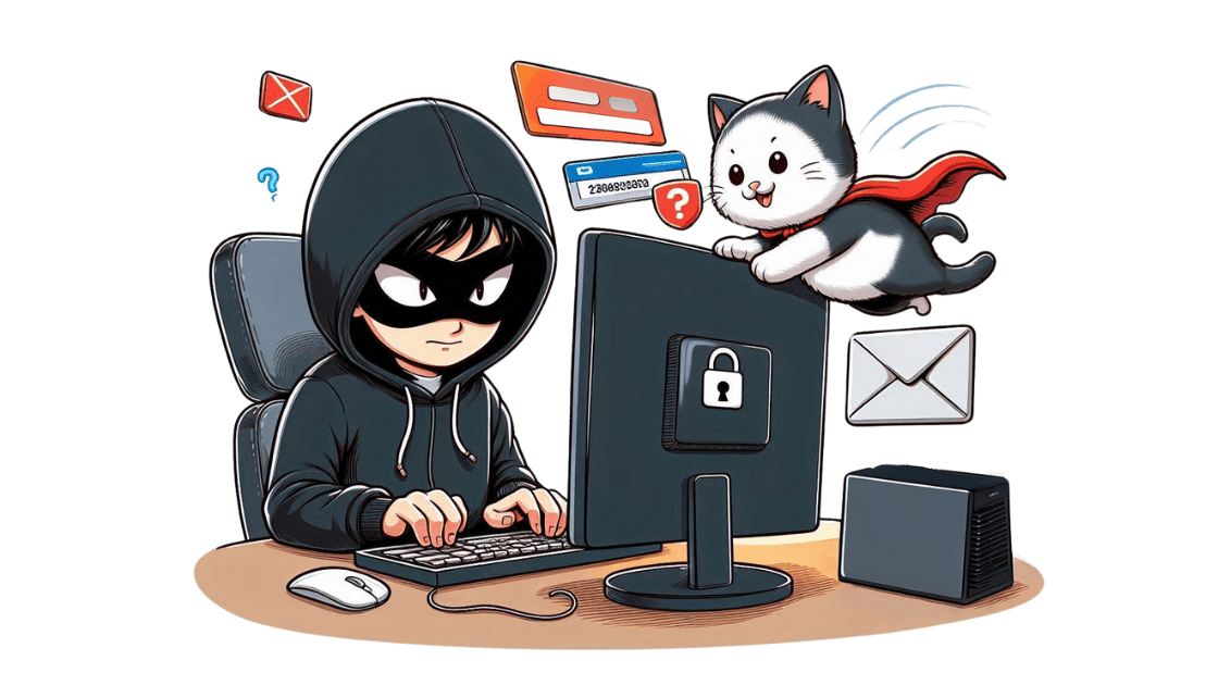 Cybersecurity cat pursing an evil hacker