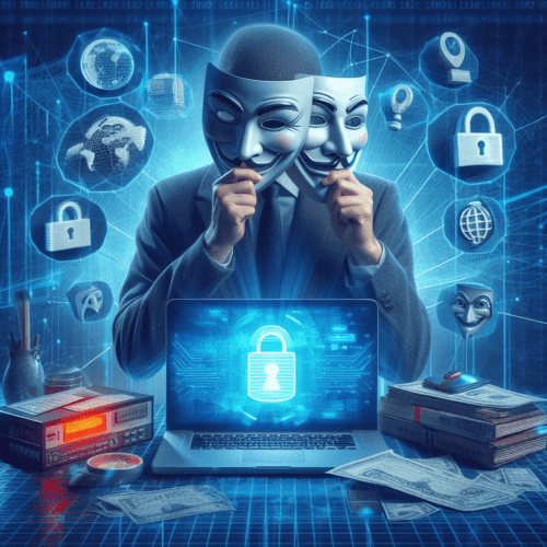 Person wearing anonymous mask in from of a computer with a lock, symbolizing a VPN.