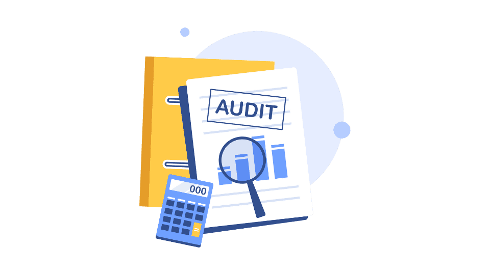 SOC 2 type 2 audit depicted via a magnifying glass looking at a financial report